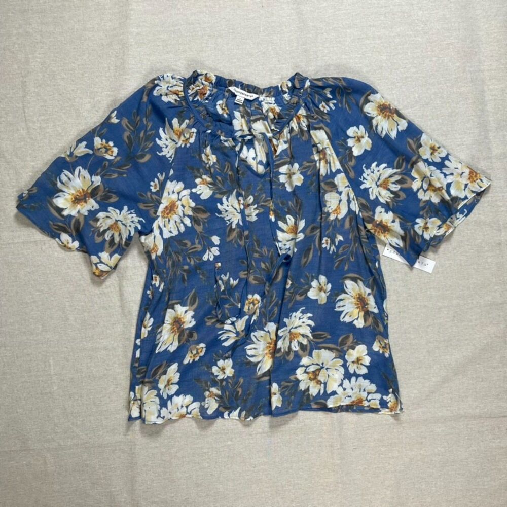 Counterparts | NWT Loyal Blue & Cream Floral Print  Boho Blouse | Large